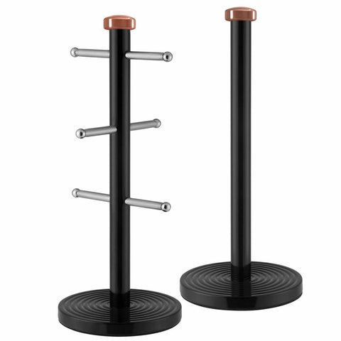 Tower Linear Kitchen Roll Towel Pole/Holder & 6-Cup Mug Tree Set Black/Rose Gold