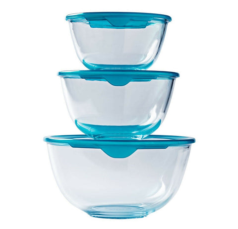 Pyrex 3 Piece Bowl Set with Lid 3 Piece Glass 0.5L / 1.0L / 2.0L Blue Top Mixing Bowl