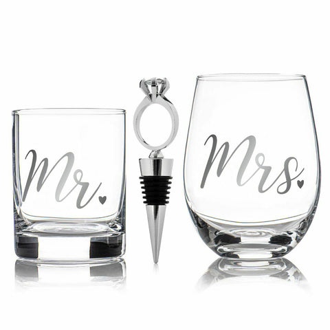 Set of 2 His & Her Whisky & Wine Glass Set With Stopper